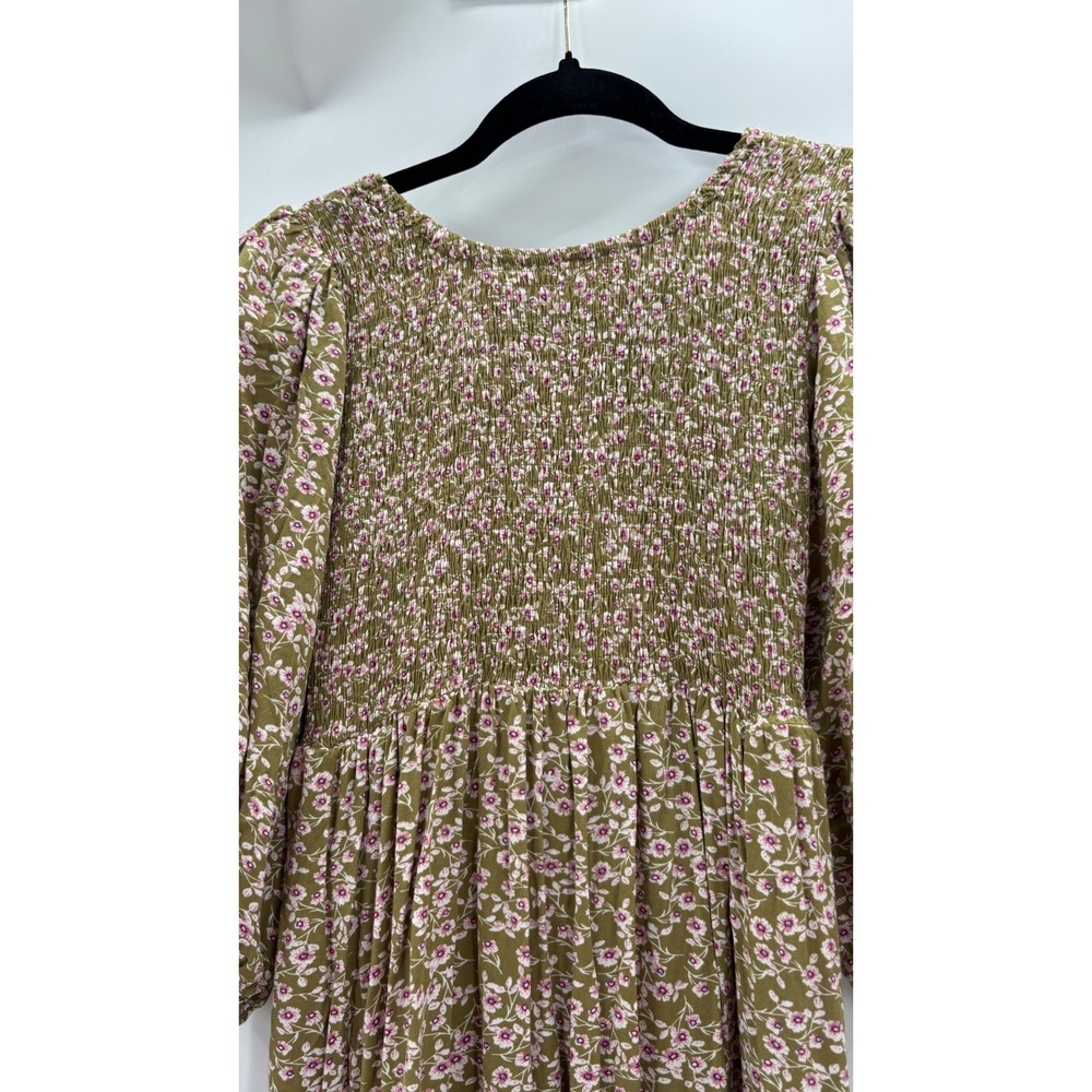Prairie Dress Womens Small Olive Pink Floral Tiered Midi Cottagecore Puff Sleeve - Picture 10 of 14